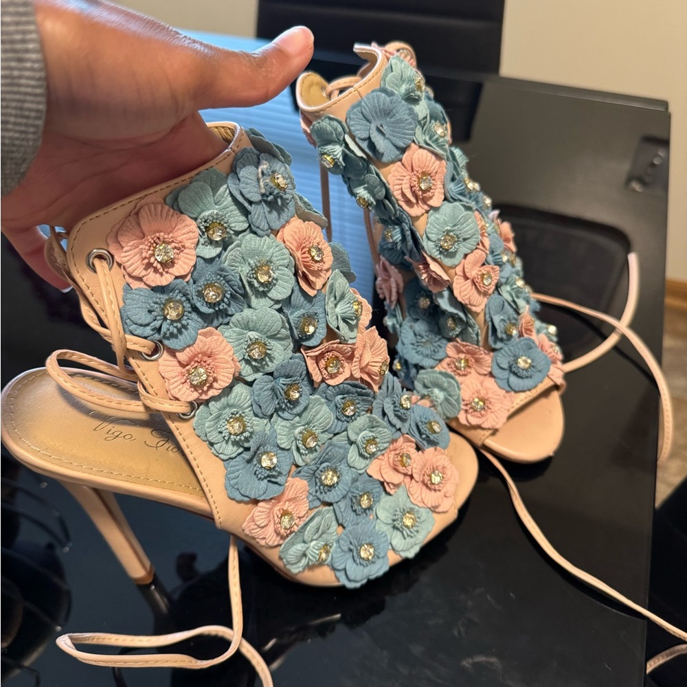 Floral Embellished Heels by - Blue and Pink